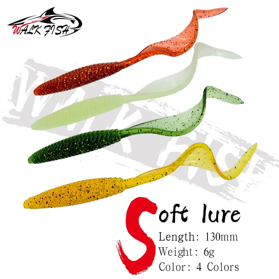 CAMMINARE PESCE 5PCS Esca Morbida 13cm 6g Coda Lunga Richiamo di Pesca Filettatura Singola Falce Code Verme Grub Per Spigola Esche Artificiali