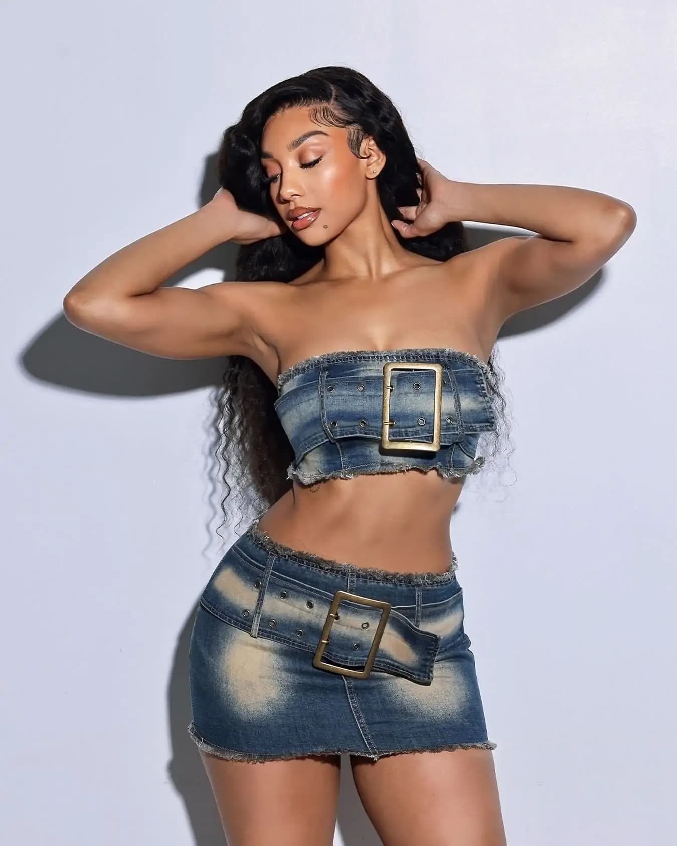 Set of 2 pieces in denim Women's suit with short skirt Casual sleeveless Slim Fit Sexy Party Night Waist Dresses Ensemble