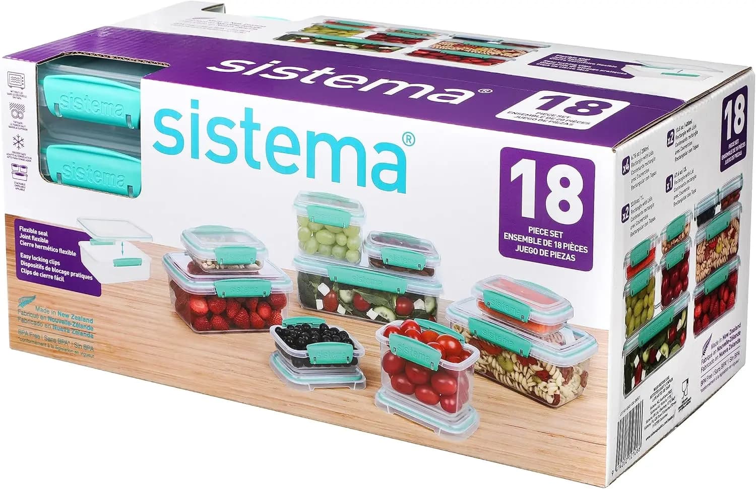 Set di 18 Contenitori per Alimenti con Coperchi per Pranzo, Preparazione Pasti e Avanzi, Lavabili in Lavastoviglie, Trasparenti/Blu