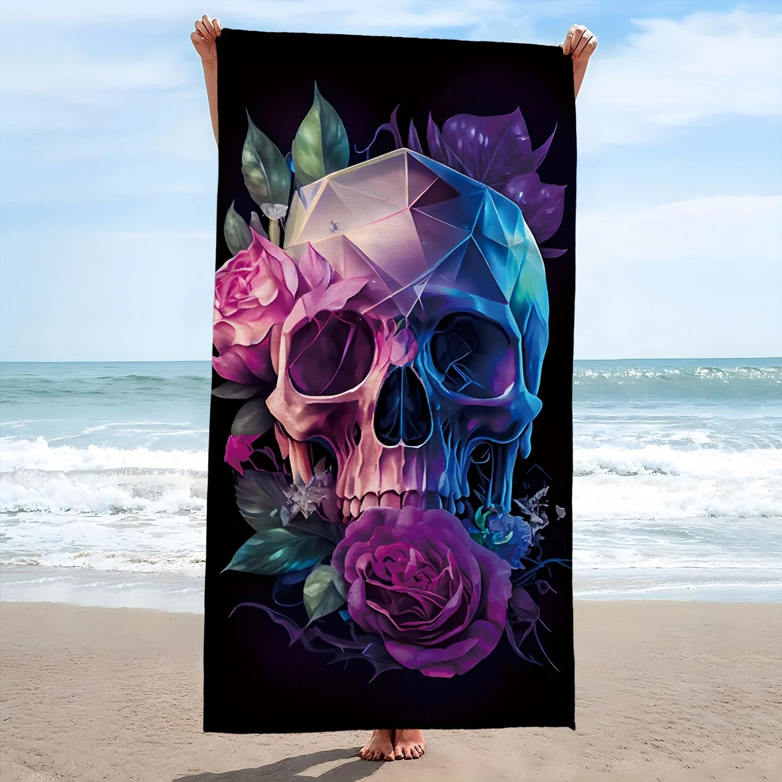 Microfiber multipurpose beach towel with extra large skull print - Super absorbent and fast drying pad for travel, swimming pool, surfing, yoga and cam