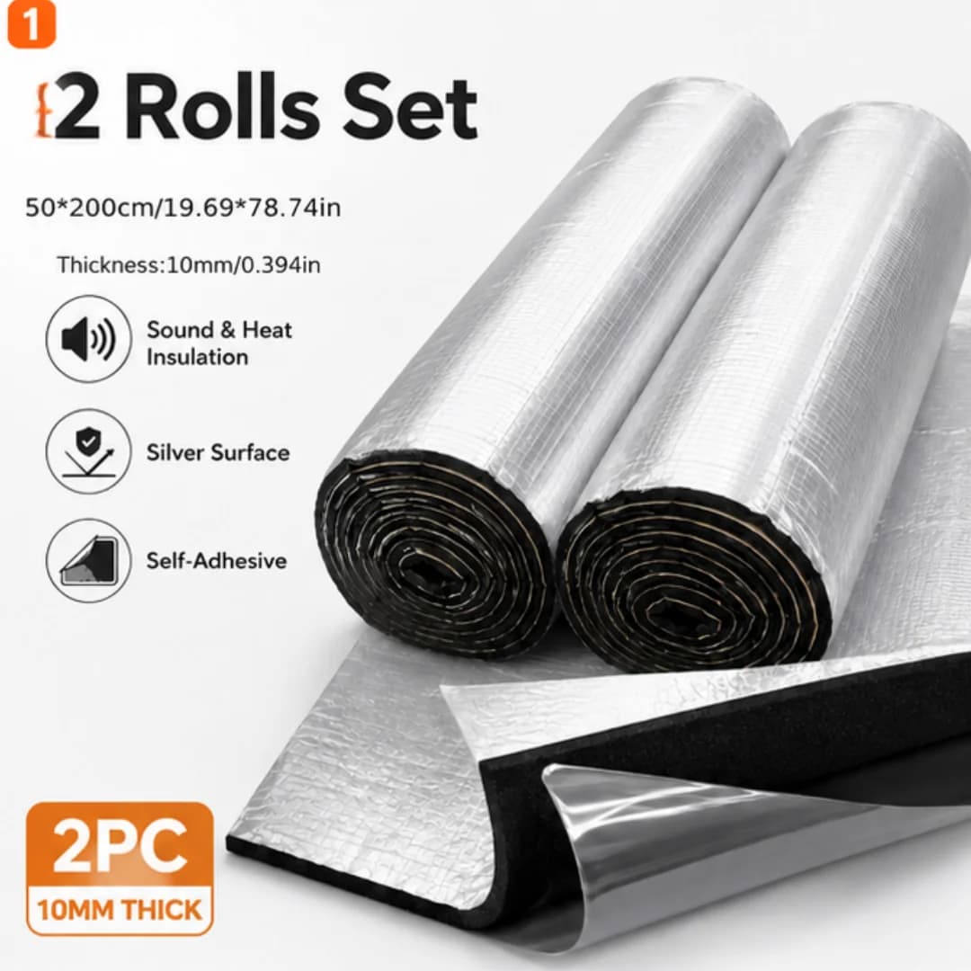 2pcs of silver car soundproof mats, size 50cm x 200cm, self-adhesive thermal insulation foam rolls, suitable for car doors, roof