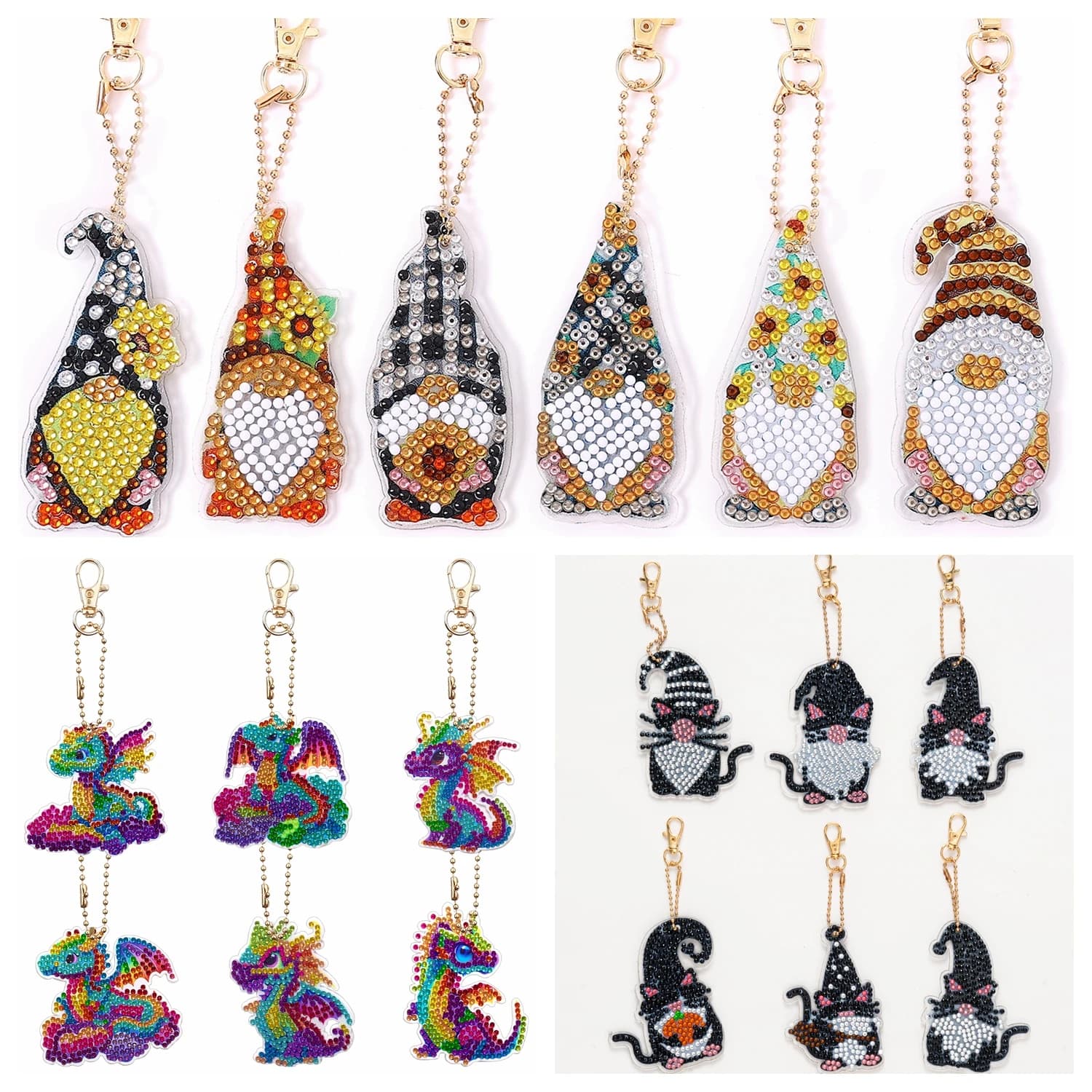 6pcs/Set DIY Gnomes Diamond Art Keychain for Adults Double Sided Crystal Rhinestones Dragon Diamond Painting Keychains Kits