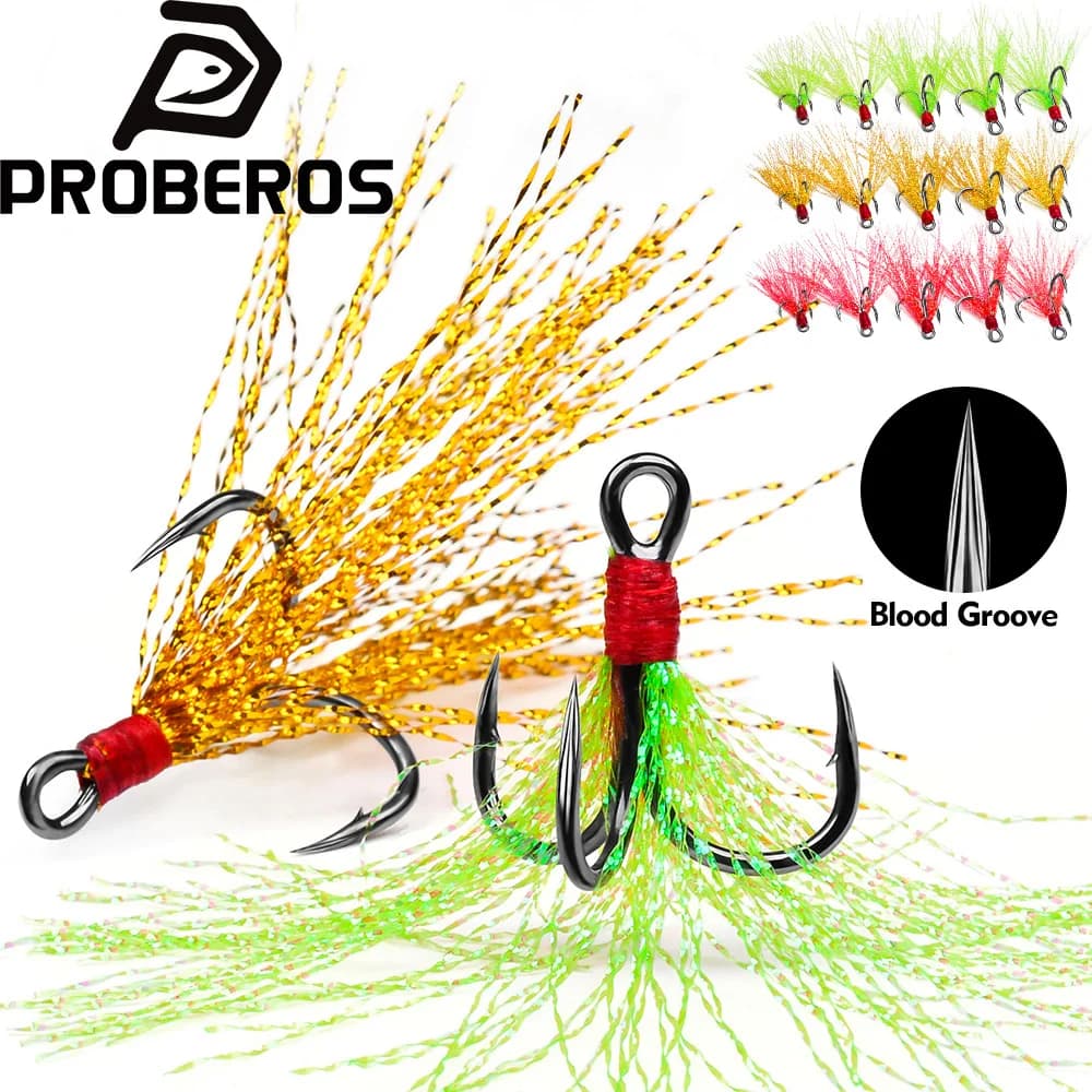 PROBEROS 20 pezzi/scatola Amo da Pesca Triplo in Acciaio ad Alto Tenore di Carbonio con Pelo di Volpe Colorato e Nastro, Attrezzatura da Pesca