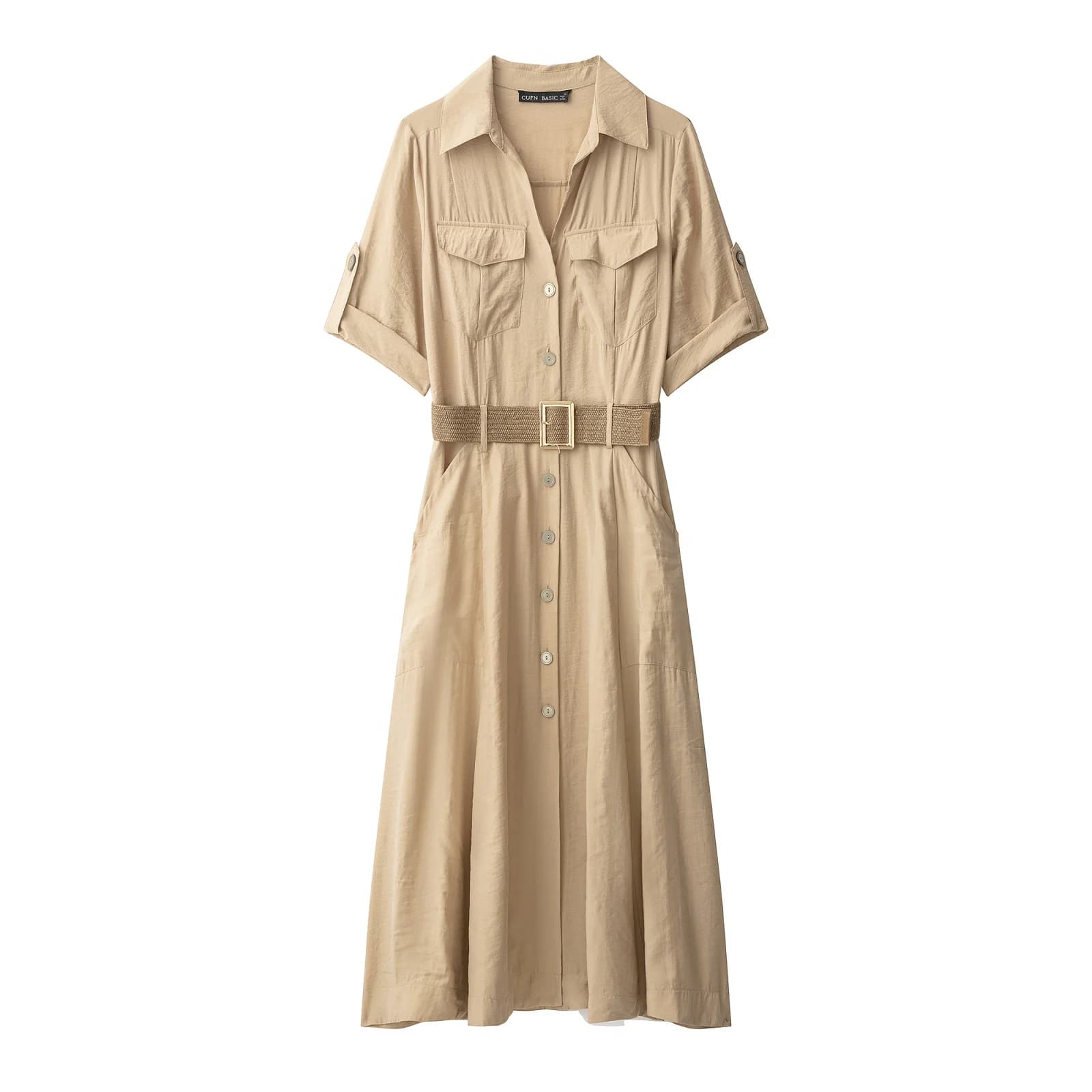 Willshela Women Fashion With Belt Khaki Single Breasted Midi Dress Vintage Lapel Neck Short Sleeves Female Chic Lady Dresses
