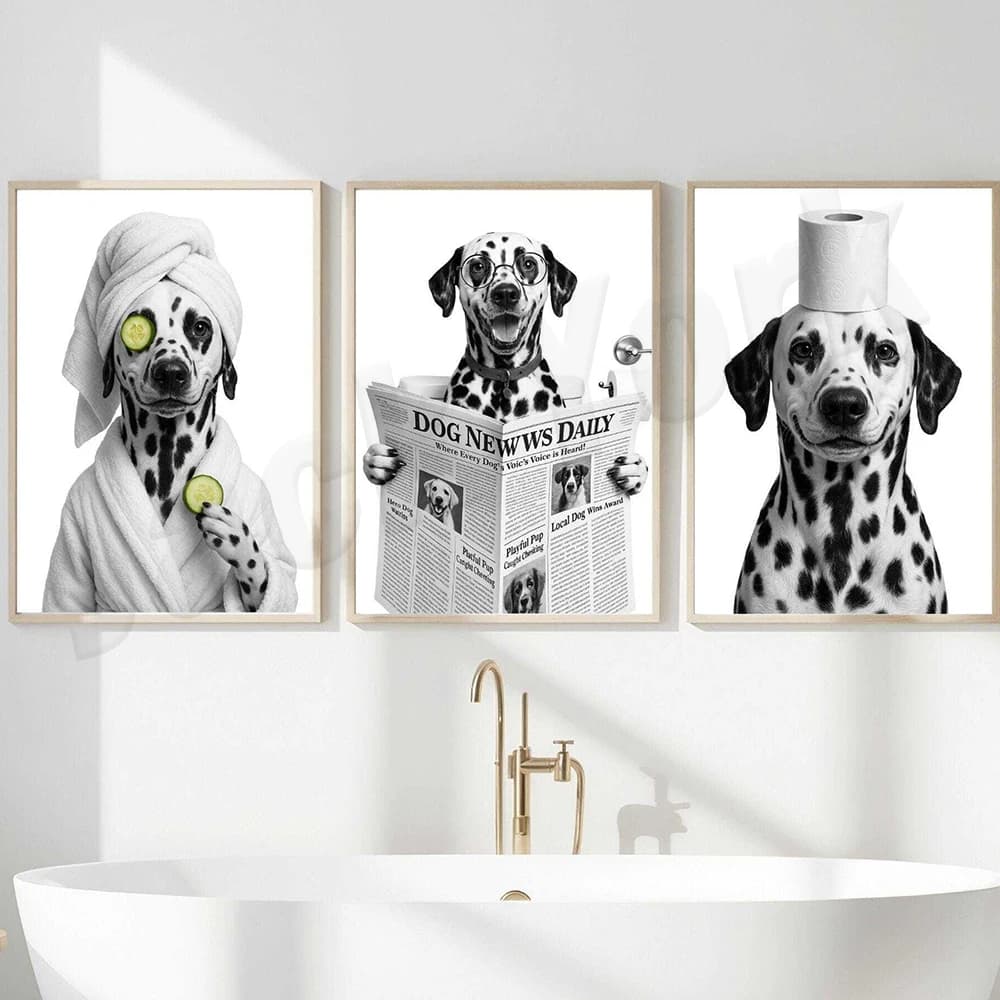 Poster per WC con Lancashire Terrier in accappatoio, Lakeside Terrier, Labrador Retriever, Cook Terrier, Dalmatian, Kerry Blue Terrier