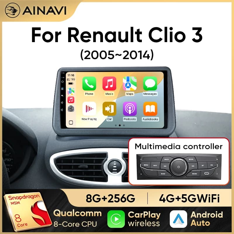 Autoradio Ainavi per Renault Clio 3 2005-2014 con CarPlay Wireless, Android Auto, Lettore Multimediale 4G, Navigazione GPS, 2din