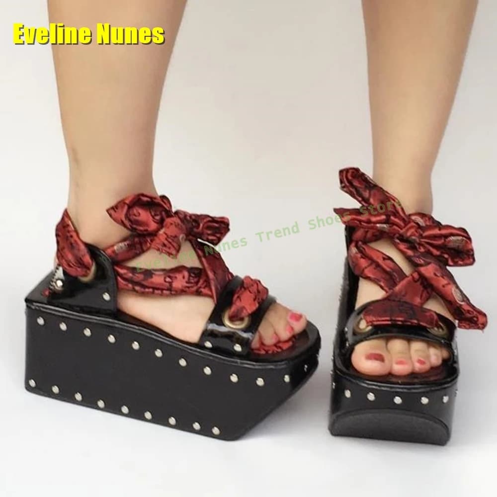 Red Lace Up Rivet Platform Sandals Open Toe Thick Sole Embroidery Ankle Strap Women Y2K Lolita Fashion Pumps Subculture Style
