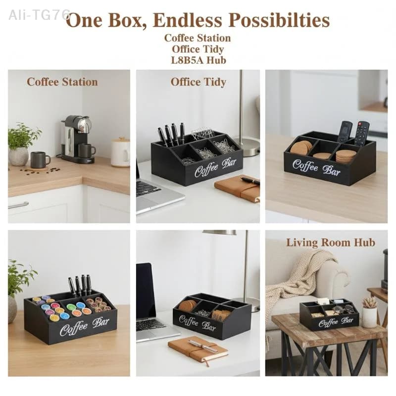 [P] A Boutique Coffee Storage Box | Classic Wooden Multipurpose Organizer For Coffee Supplies, Shelf Baskets