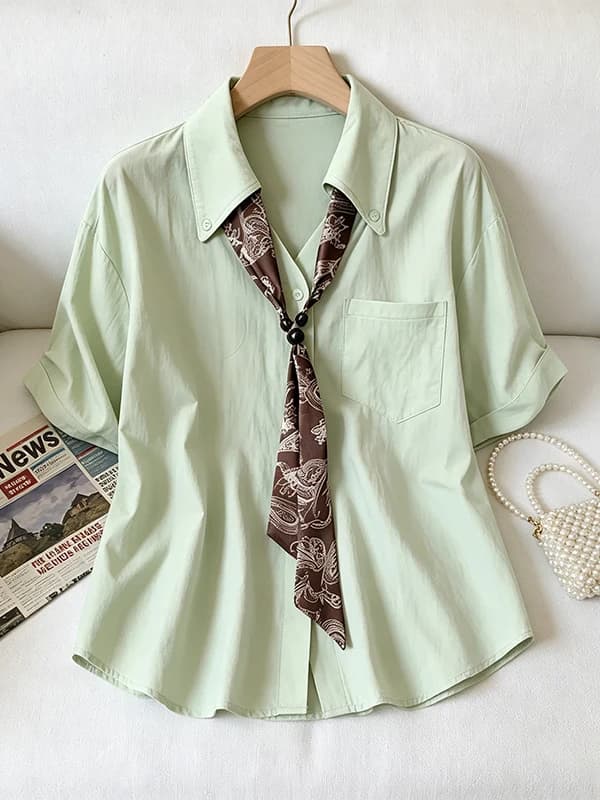 Detachable Silk Scarf Neck Short Sleeve Shirt Large Size Design Commute Slimming Top for Women Daily Wear Summer New Style