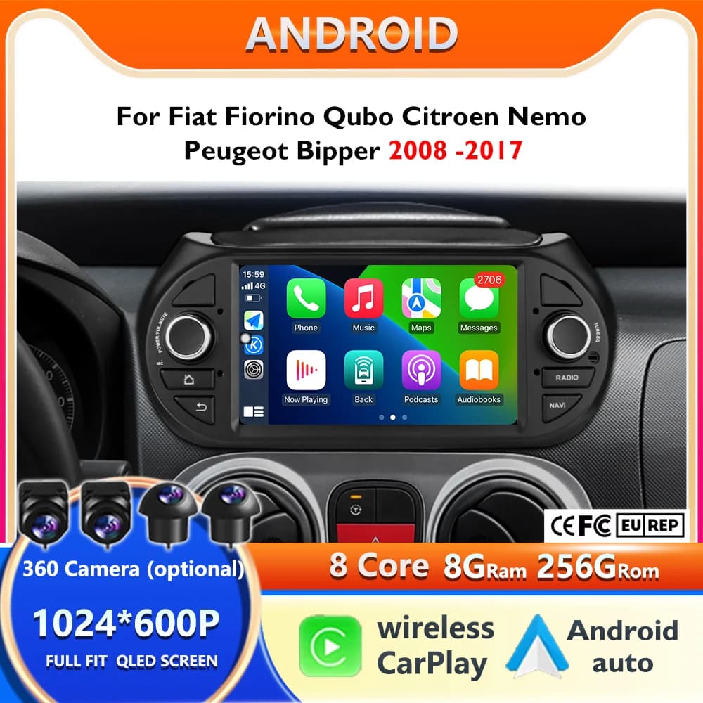 Per Fiat Fiorino Qubo Citroen Nemo Peugeot Bipper 8core 2008-2017 Auto Autoradio GPS Lettore Video Multimediale CarPlay Android 15