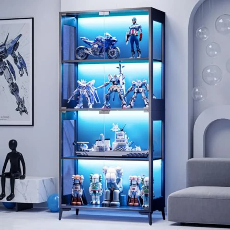 Glass display cabinet with doors for collectibles and books, black metal base, 4-tier adjustable shelves, RGB LED lights contro