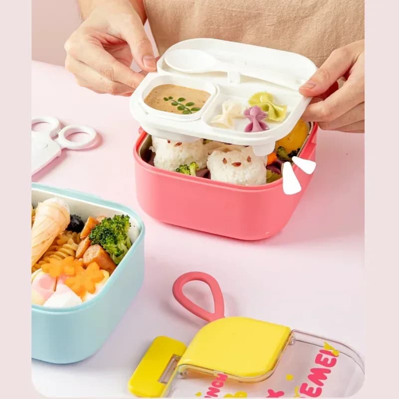 Lunch Box per bambini a 2 strati Lunchbox sicuro per microonde con forbici per alimenti 750ml Bento Box per bambini Contenitori per la preparazione dei pasti Lancheira