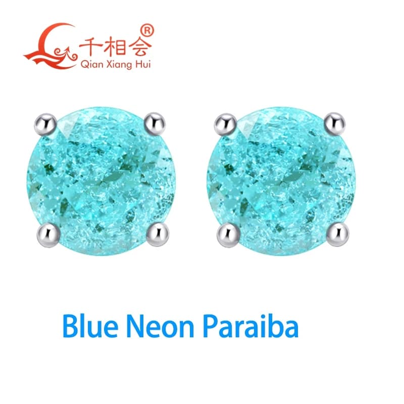 Orecchini a lobo YAG neon Paraiba blu e verde 5-9mm con inclusioni, forma rotonda, in argento S925, gioielli
