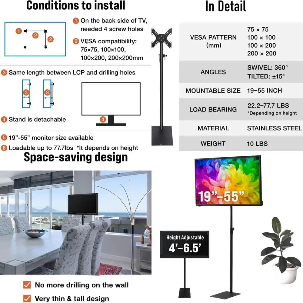 Extra High TV stand Computer monitor floor support for 19-55 inch LCD LED panel loadable 77 pounds, 360-degree rotation 6 heights Adju