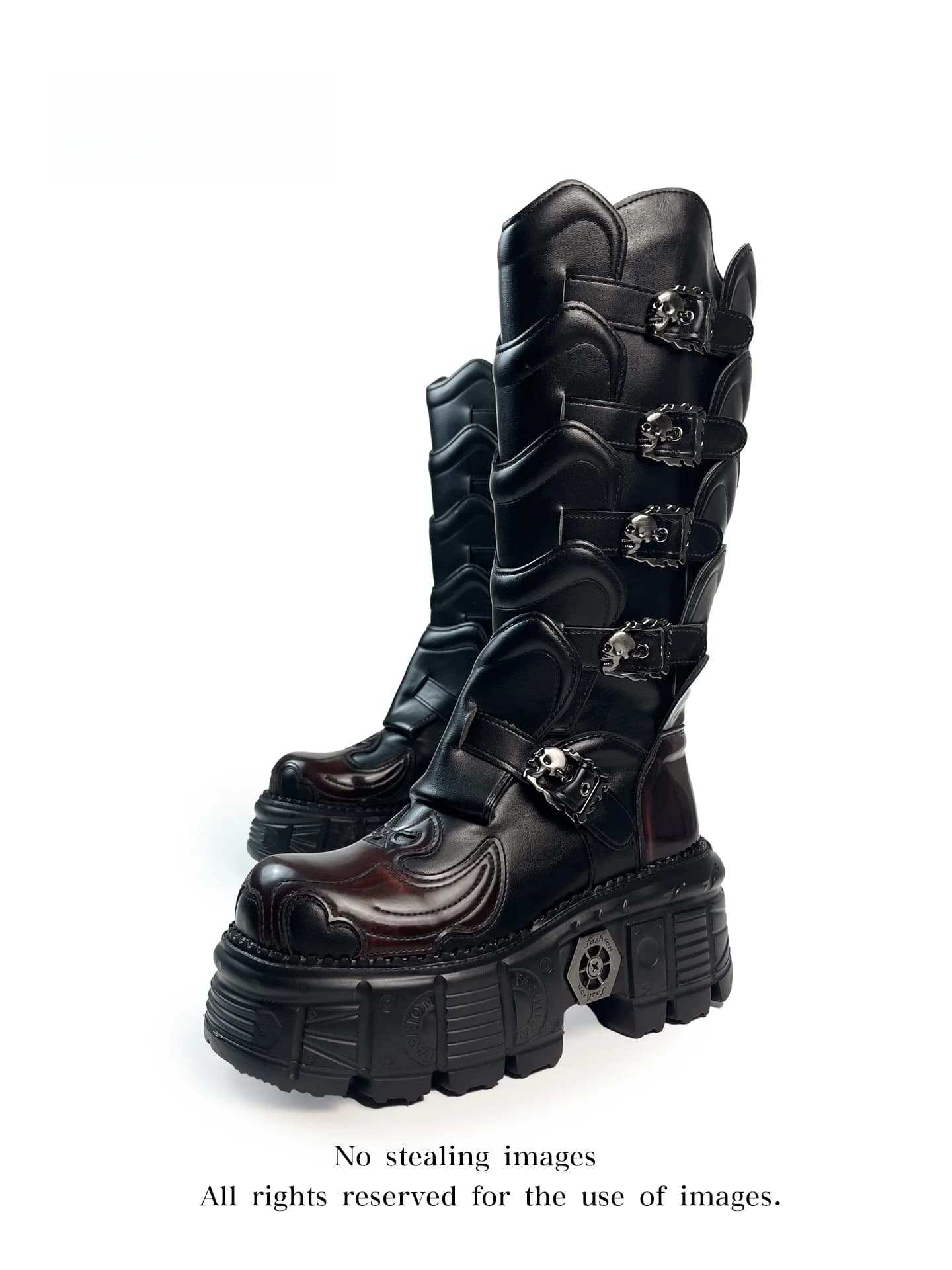 Stivali Lunghi Stile Punk Mib'Vias, Suola Spessa, Rosso Scuro Vintage, Fibbia alla Moda, Tacchi Alti Invernali con Punta Rotonda