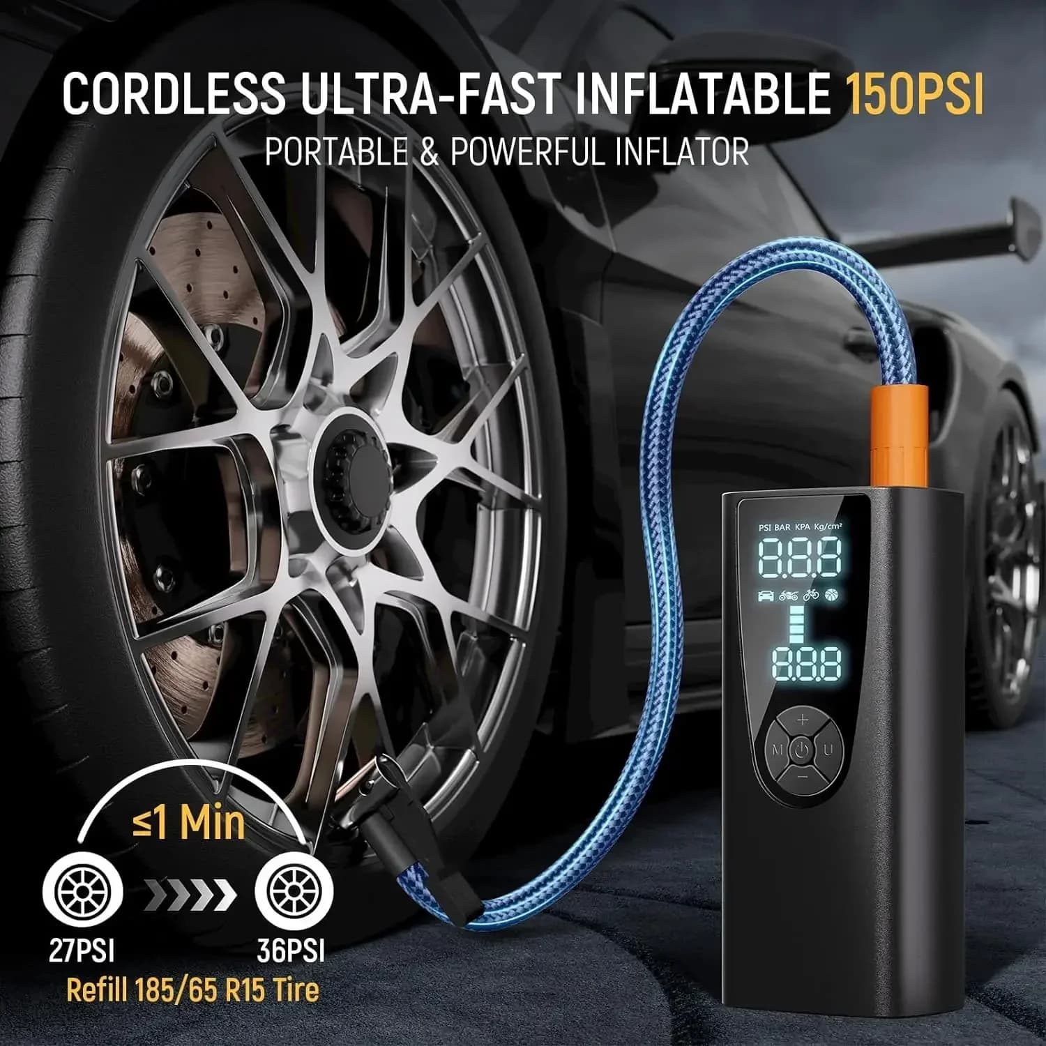 Compressore d'aria portatile per gonfiaggio pneumatici, pompa ad aria portatile Frarome 150PSI per pneumatici per Auto con batteria da 20000mAh, pompa per bici con spegnimento automatico