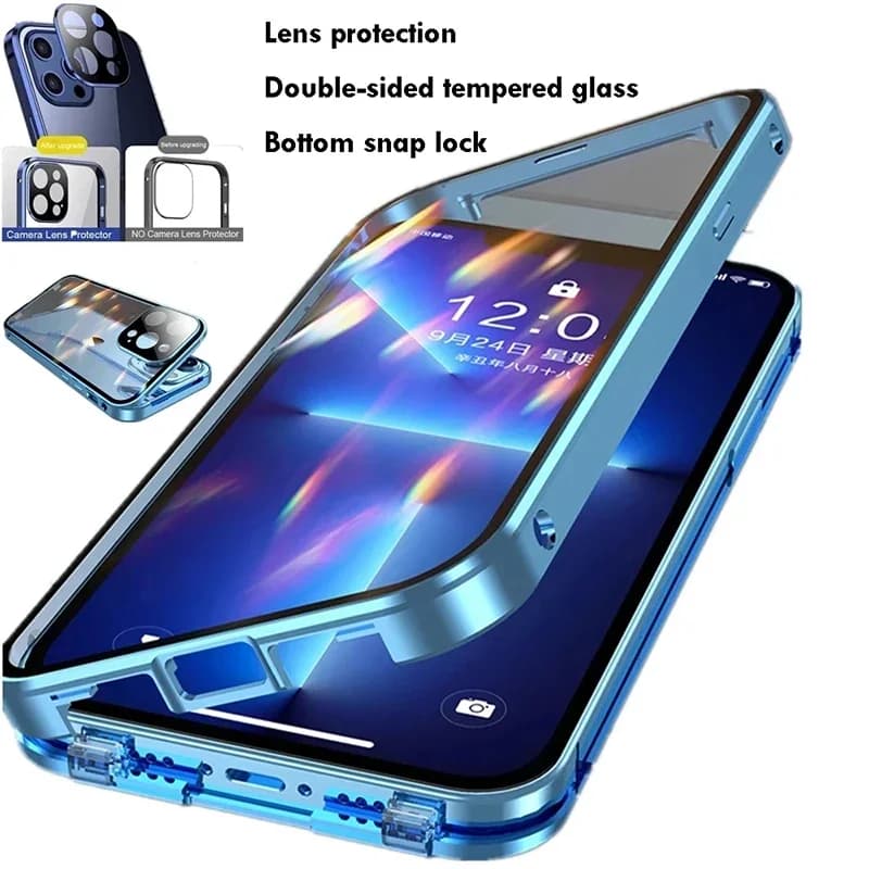 360 ° Phone case with snap closure in metal double-sided magnetic glass for iPhone 16 Pro Max 14 13 12 15 Pro Max Cover for bumper