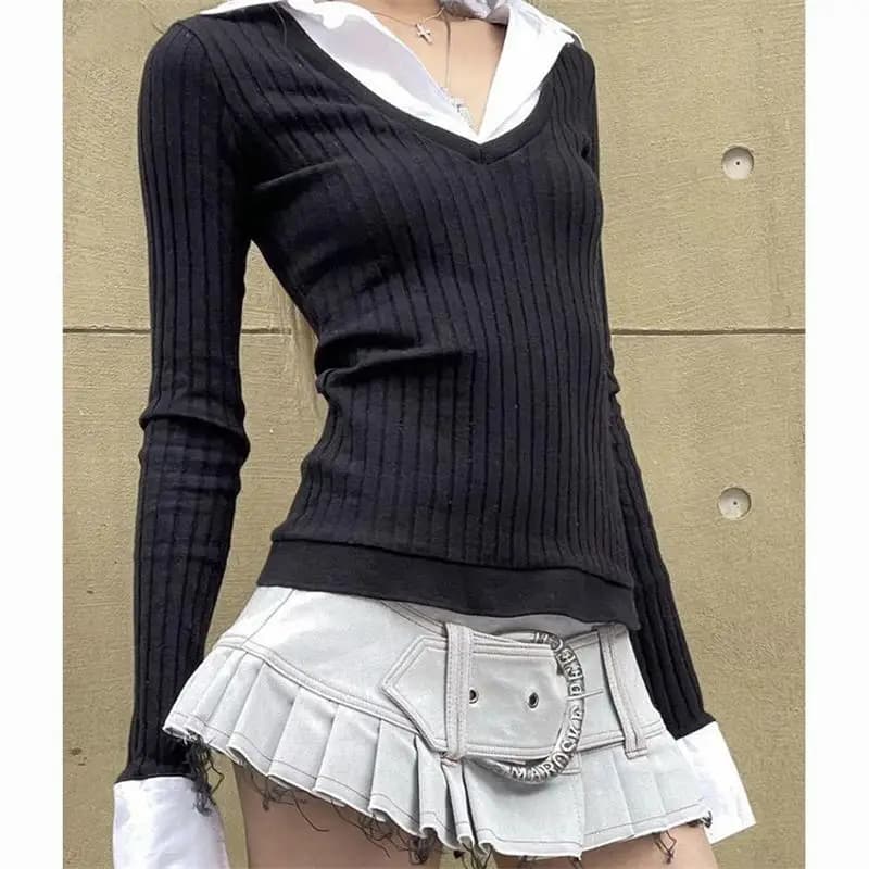 T-shirt in due pezzi finta patchwork T-shirt vintage cucita streetwear Top donna Y2k magliette a maniche lunghe anni 2000 Top autunnali estetici