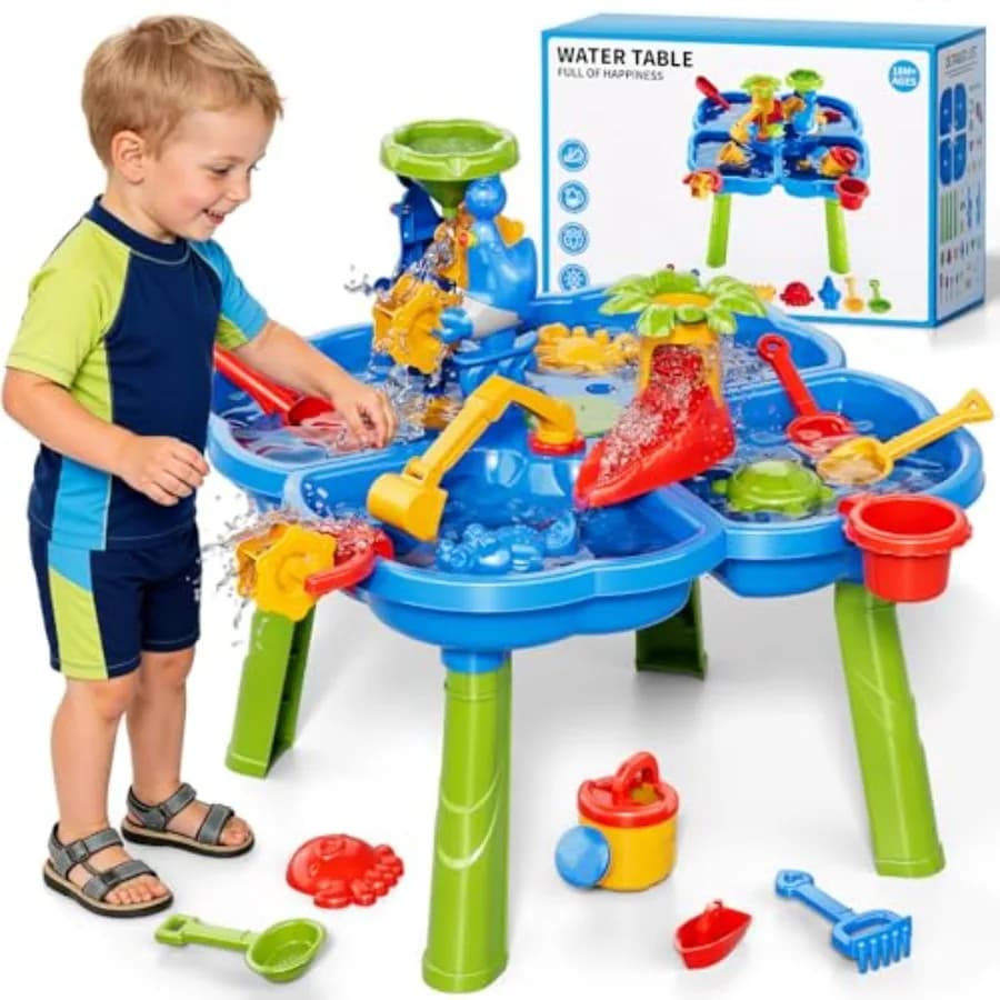 Tavolo da gioco per sabbia e acqua da esterno per bambini 3-5 anni, set estivo con giocattoli da spiaggia, set da gioco acquatico colorato in plastica resistente