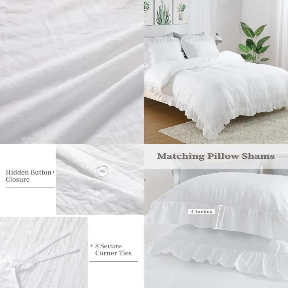 Elegant set of white double duvet cover with volant, soft microfiber, French vintage style, 3 pieces, 90x90 inch