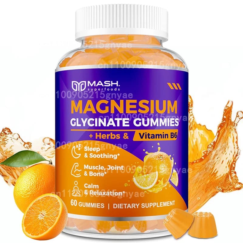 Magnesium and glycine gums, magnesium and potassium supplements containing vitamin D, B6, coenzyme Q10, 60 gummy candies