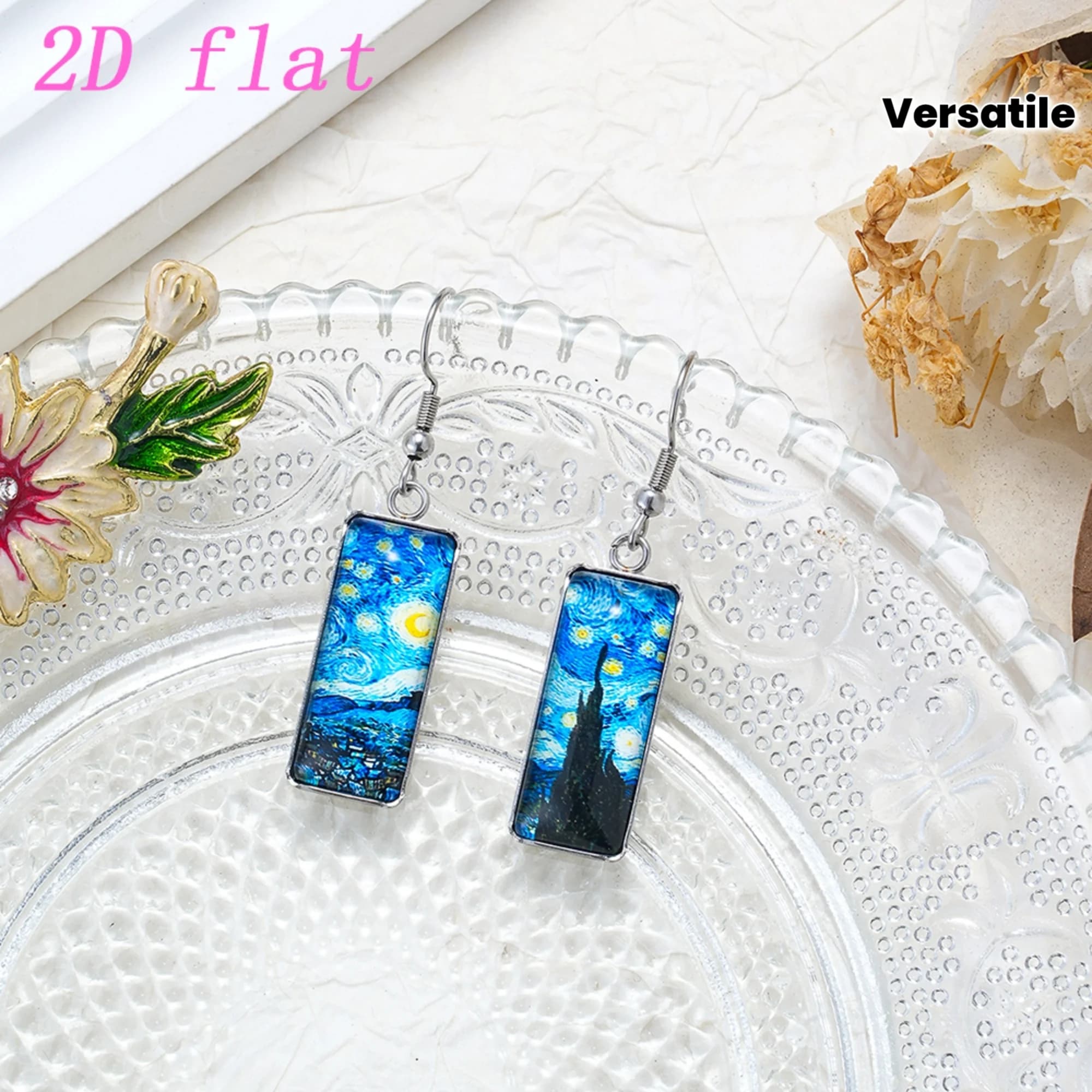Orecchini Rettangolari in Vetro con Motivo Asimmetrico 'Notte Stellata' di Van Gogh, Ganci per Orecchie in Acciaio Inossidabile Ipoallergenico alla Moda