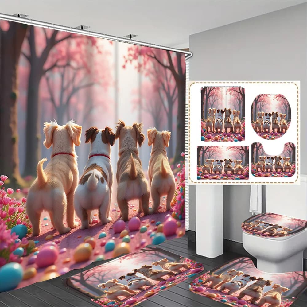 Waterproof Dog Puppy Shower Curtain Floral Bath Liner Pet Decor Polyester Cherry Blossom Spring Bathroom Wallpaper Accessories C