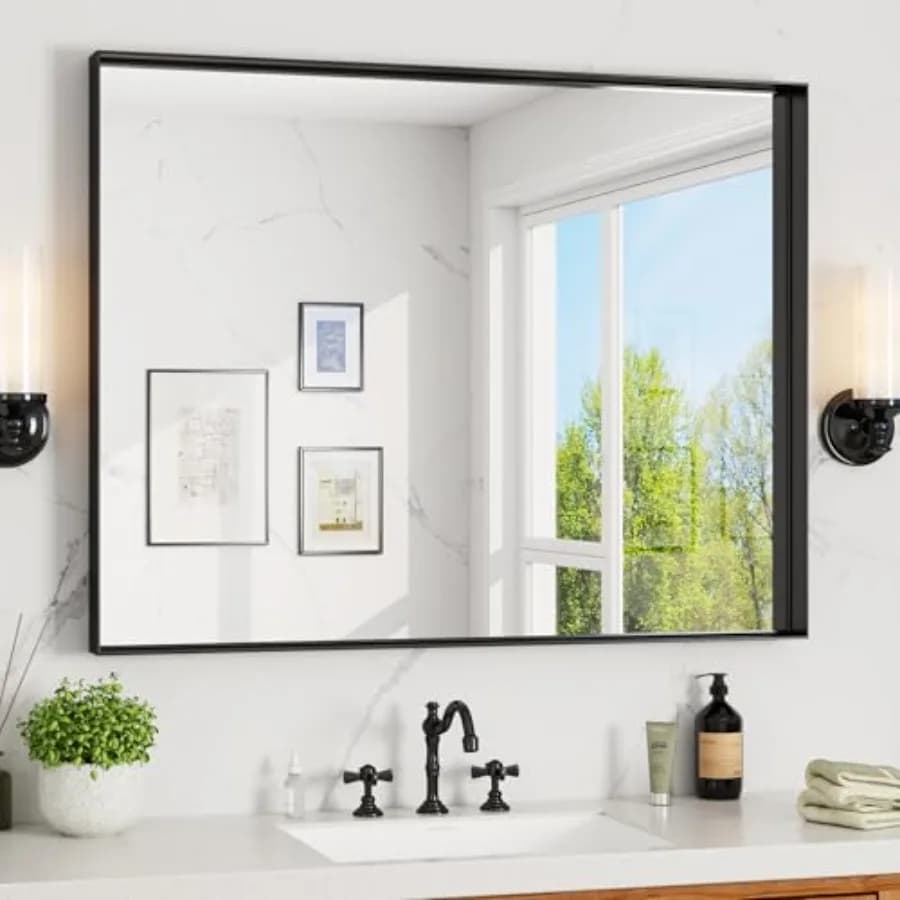 Specchio da Bagno Nero 40x30 Pollici, Specchio Rettangolare con Cornice Profonda in Metallo, Specchi da Parete per Sopra Lavabo, Camera da Letto, Bagno