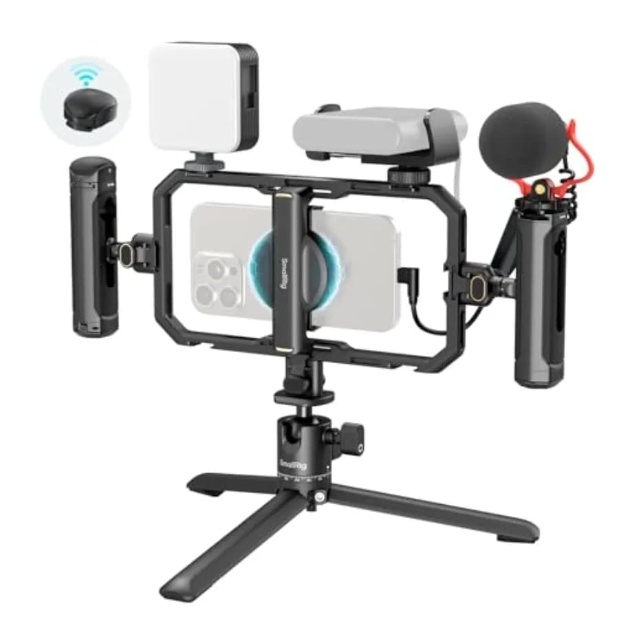 Kit Stabilizzatore Professionale per Smartphone con Luce LED, Microfono, Treppiede da Tavolo e Doppia Impugnatura per Streaming Live