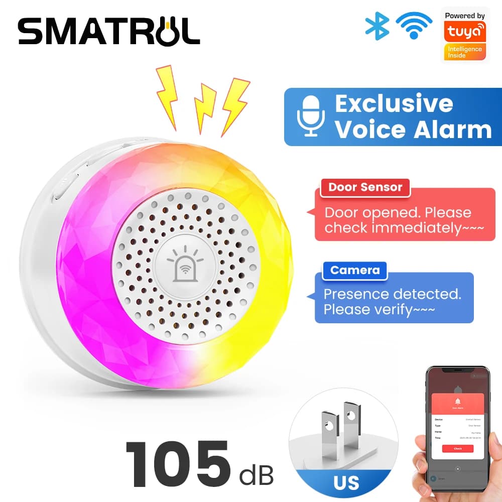 Sirena Intelligente WiFi Tuya per Sicurezza Domestica, Allarme Sonoro e Luminoso, Sensore con Spina EU/US/UK, App Smart Home Life per Vibrazioni, CO, VOC, PIR
