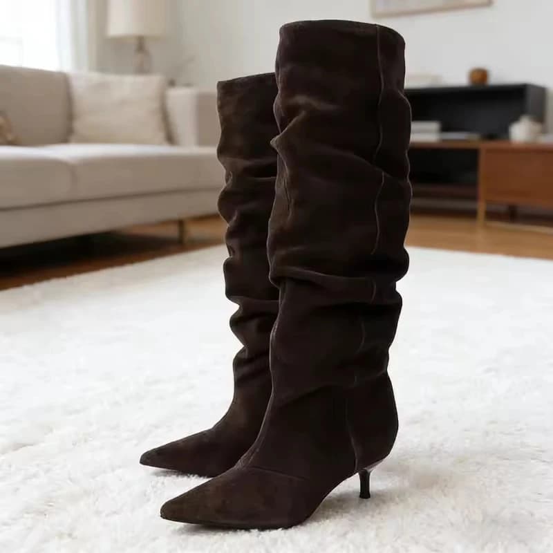Hlieny High Knee Boots Suede Winter Pleated Women's Retro Brown Toe Pumps Shoes Designer Cozy Light Botas De Mujer
