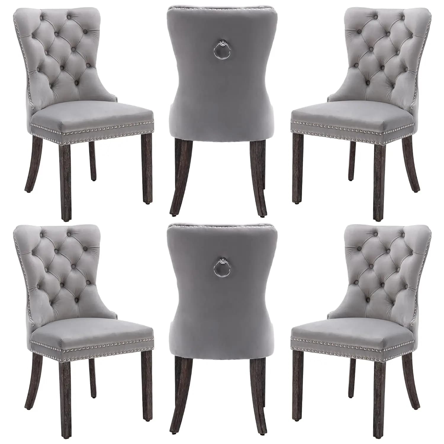 Set di 6 Sedie da Pranzo in Velluto con Gambe in Legno, Anello di Trazione, Decorazioni con Borchie e Schienale Trapuntato, Grigio Chiaro Personalizzabile