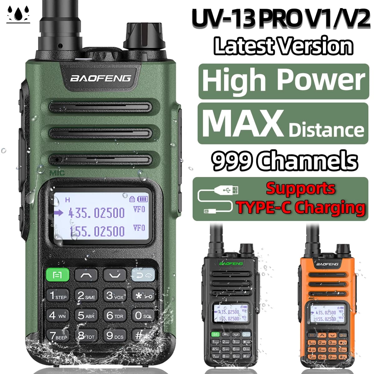 BaoFeng UV-13 PRO V1 V2 Walkie Talkie dual band ad alta potenza Tipo C Caricatore 16 KM Ricetrasmettitore UV13 a lungo raggio Ham Radio bidirezionale