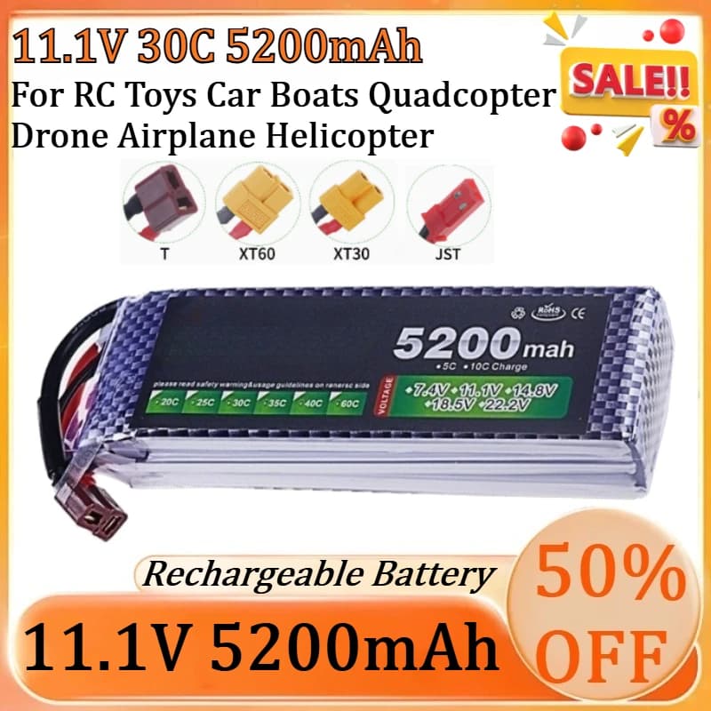 Batteria 11.1V 5200mAh con Connettore XT60 T Plug 40C per Auto RC, Barche, Quadricotteri, Droni, Aerei, Elicotteri, Batteria 11.1V 3S Lipo