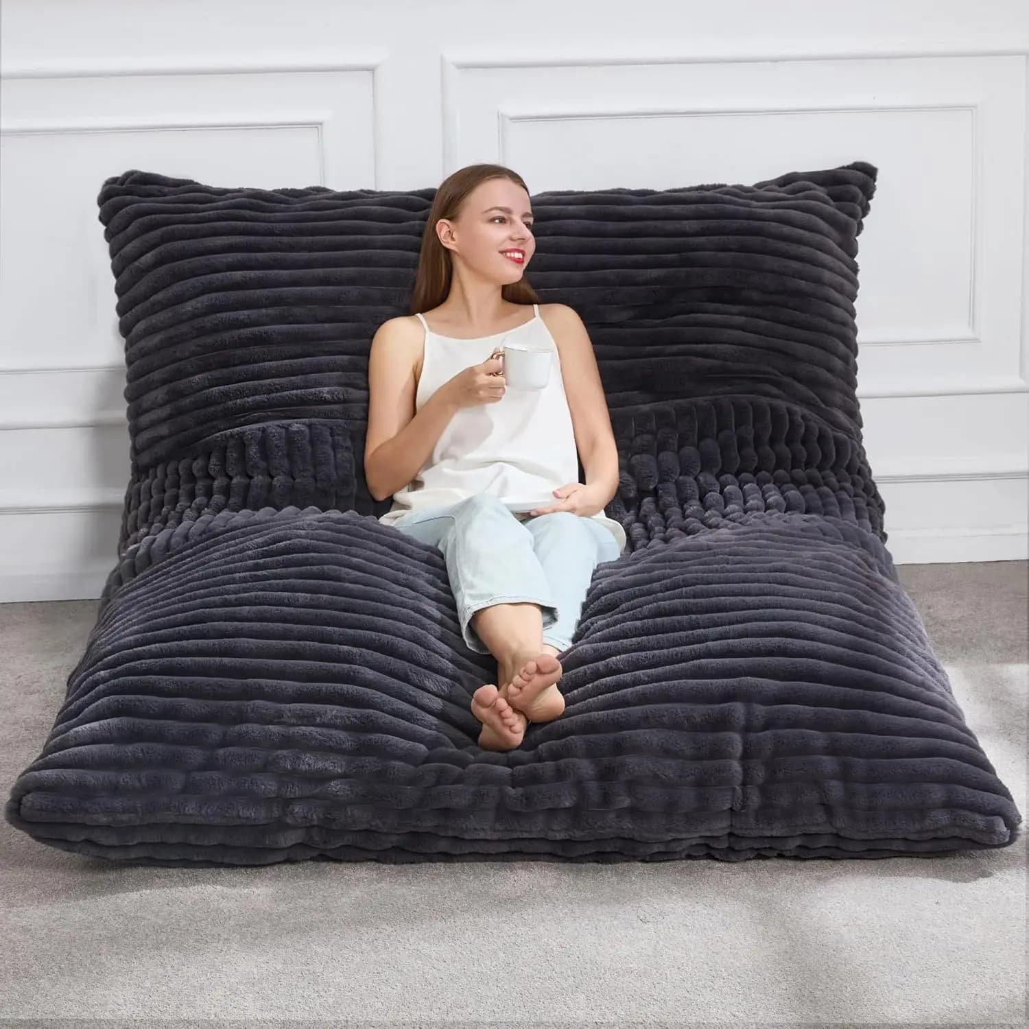 Poltrona a sacco convertibile 3 in 1 in memory foam con fodera lavabile, cuscino da pavimento gigante per adulti (grigio scuro)