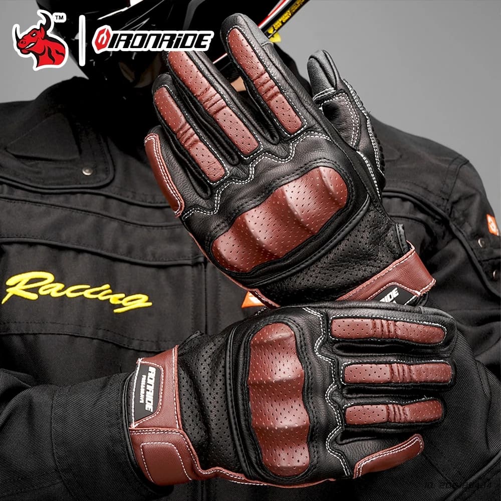 Guanti da moto di ispirazione vintage in pelle con flusso d'aria, design traforato leggero unisex con palmo rinforzato per la guida estiva