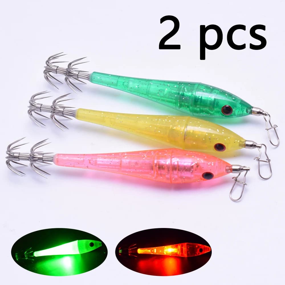 Luce subacquea a LED da 2 pezzi, esca simulata con gancio, gamberetti elettronici in legno, potente gancio per calamari a doppio strato