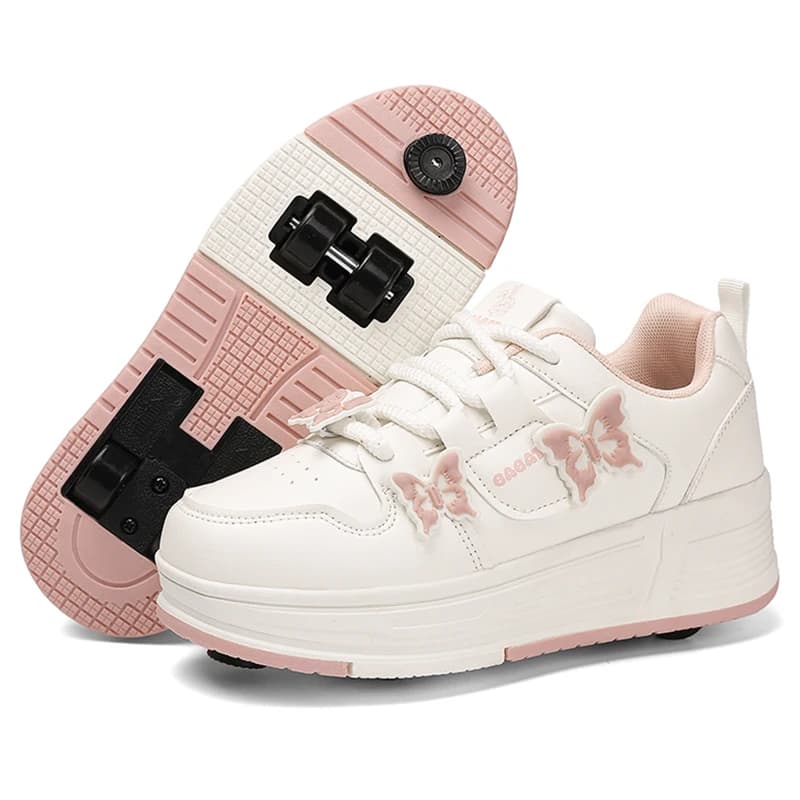 Shoes for Kids with Four Wheels Retractable and Brake, Sneakers for Kids with Butterfly Motives