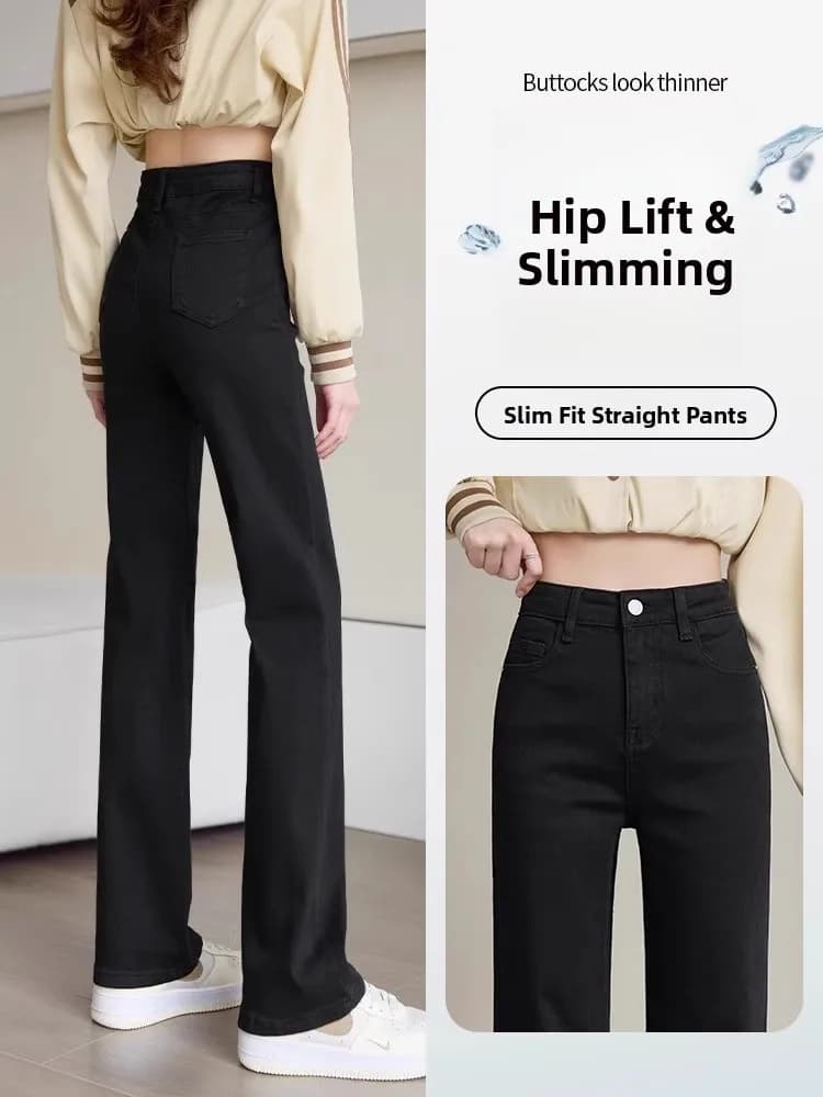 Jeans in Denim a Vita Alta, Slim Fit, Gamba Dritta, Foderati in Pile per l'Inverno, Elastici, Lunghezza alla Caviglia, Casual, in Cotone Elasticizzato per Donna