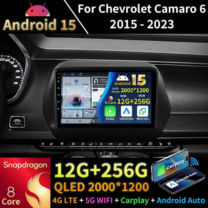 Autoradio Android 15 per Chevrolet Camaro 6 2015-2024, Stereo Carplay, Lettore Multimediale Video, DVD, Navigazione GPS Wireless