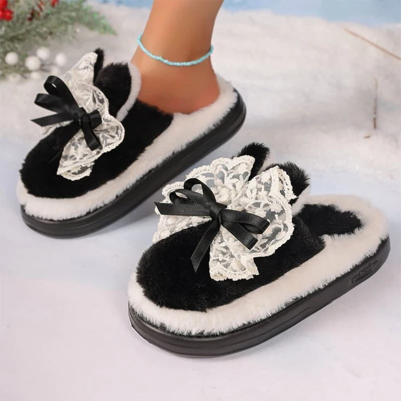 Pantofole in cotone legate con fiocco in pizzo per pantofole Comfort Pantofole in pelliccia con suola spessa leggera Donna Scivoli soffici e caldi in stile francese