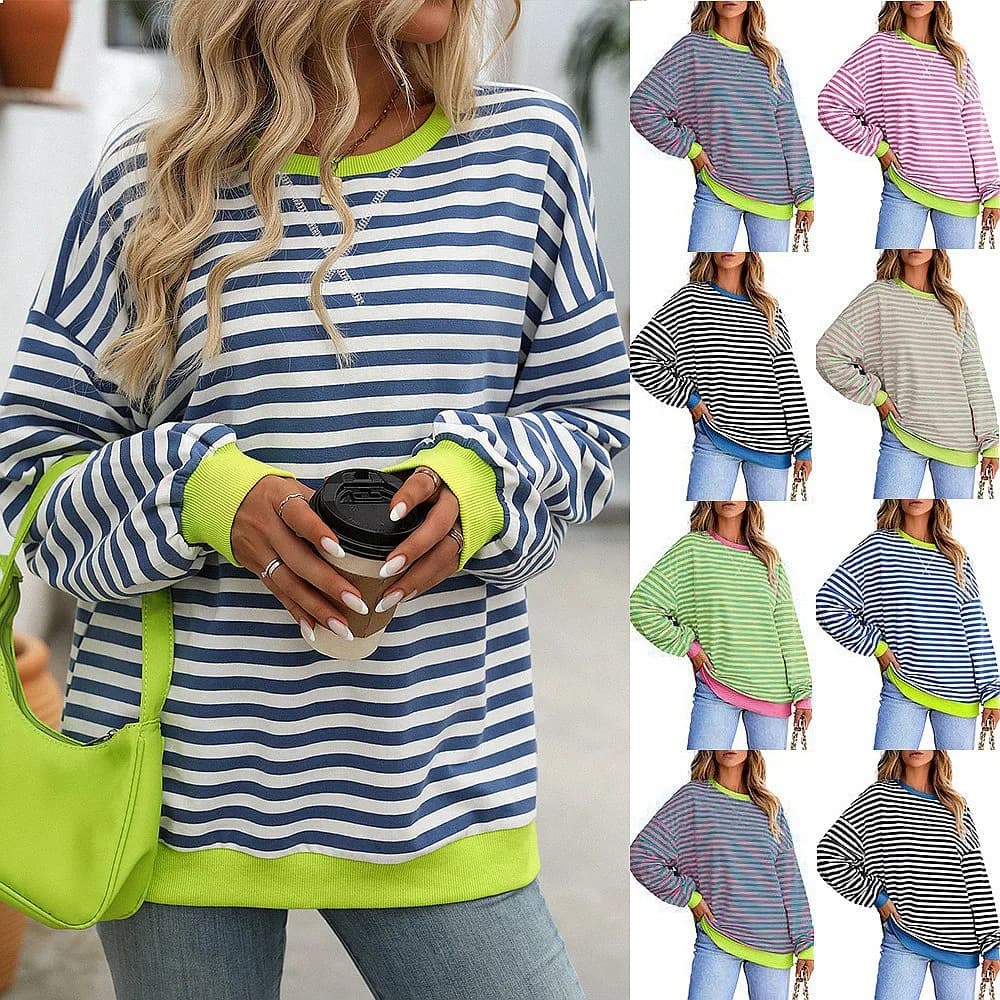Colorful Striped Oversized Sweatshirt Hoodie Women Casual Loungewear Tops Spring Summer