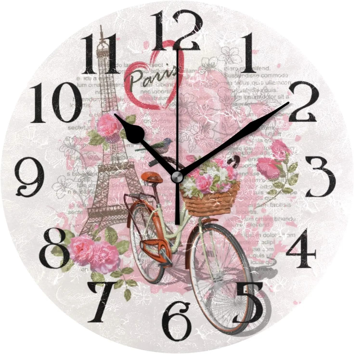 Modern Wall Clock Kitchen Clock without ticking Paris Eiffel Tower Bicycle Decorative round watches 9.5 inches An Battery Quartz