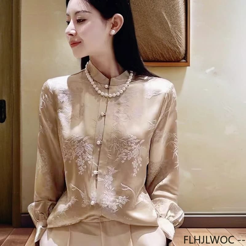 Stile cinese Chi-pao Collar Design top camicette donna nuovo 2024 manica lunga autunno Retro Vintage Button Basic Champagne Shirts
