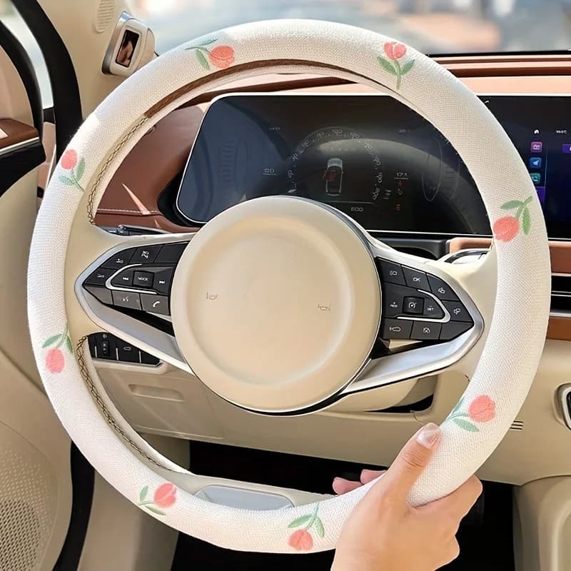 Coprivolante per auto tulipano ricamato in cotone e lino da 2 pezzi, ricambi auto - antiscivolo, resistente all'usura, assorbimento del sudore