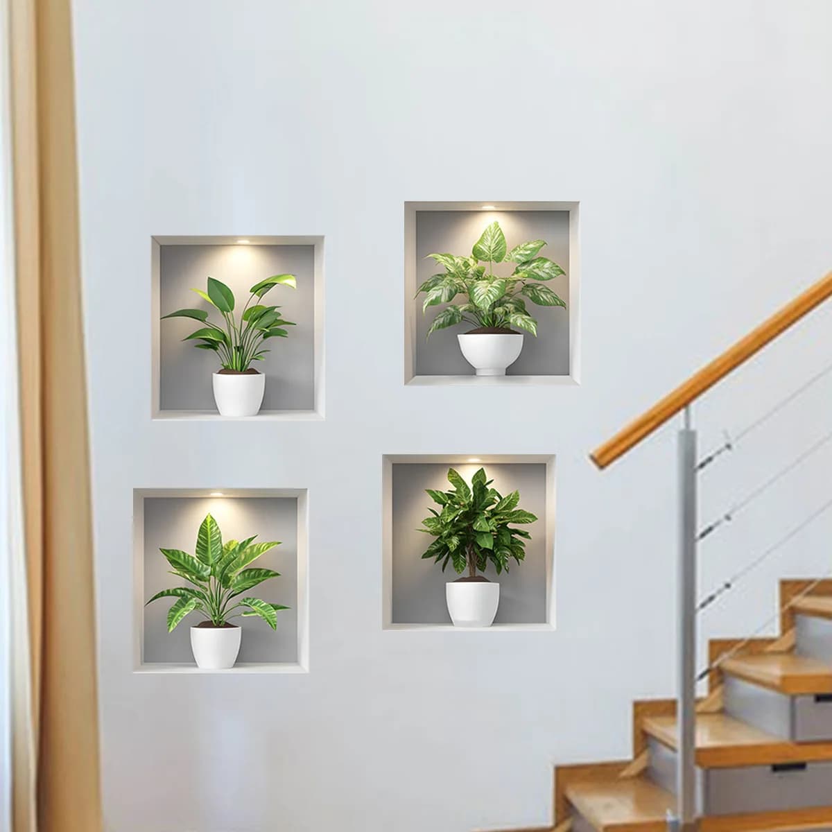 3D Potted Plant Wall Stickers, Green Leaves Recessed Niche Decals for Living Room Stairs Decor