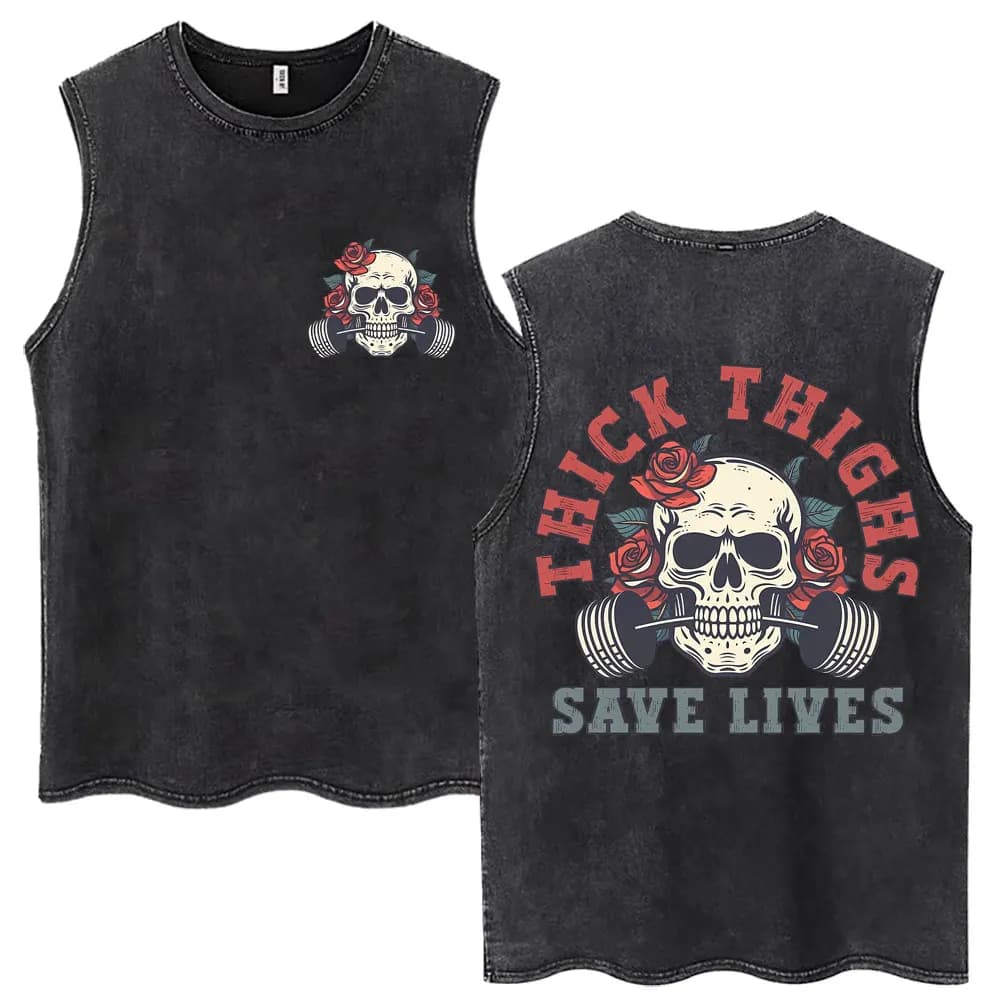 Canotte Vintage Lavate con Stampa Scheletro 'Thighs Save Lives' per Uomo e Donna, Gilet da Palestra alla Moda in Cotone Oversize, T-shirt Senza Maniche, Regali