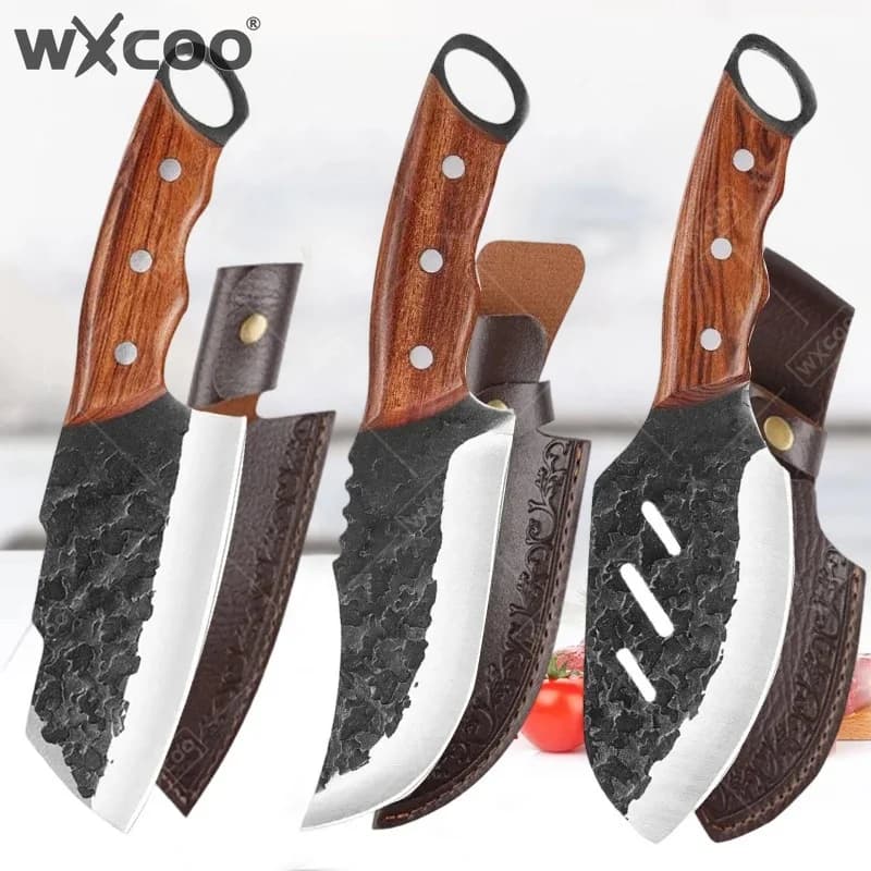 WXCOO Coltello da Cucina Professionale in Acciaio Inox, Lama Forgiata a Mano, Mannaia per Carne, Coltello da Disosso