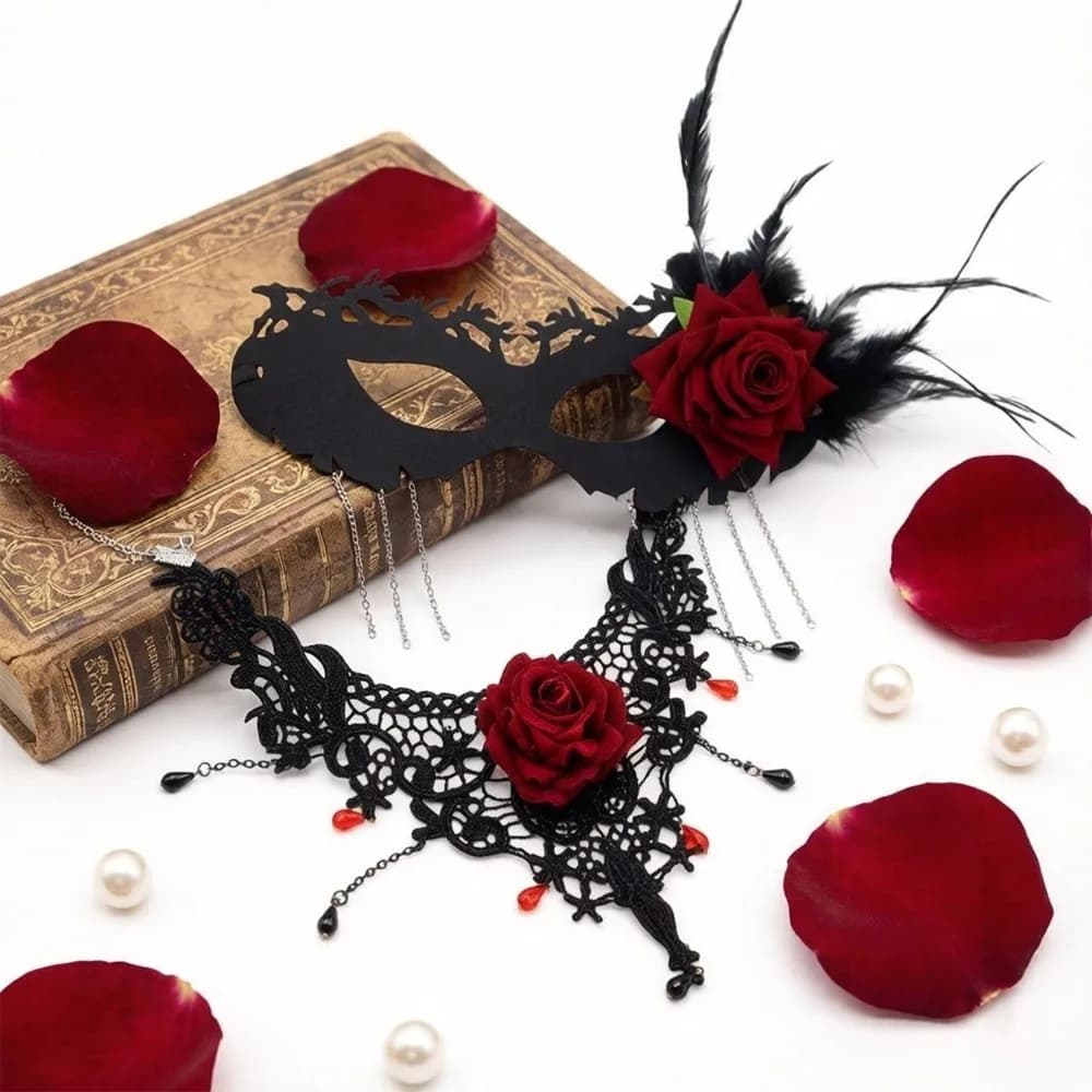 Dark Gothic Style Jewelry Set with Lace and Nappa Mask, Vintage Gothic Necklace Adjustable for Halloween Celebrations