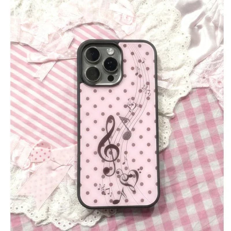 Cover for iPhone 17 16 15 14 13 12 11 Pro XR Max 8 7 Plus Y2K, pink and brown polka dot pattern, Korean style, with musical notes and girl heart